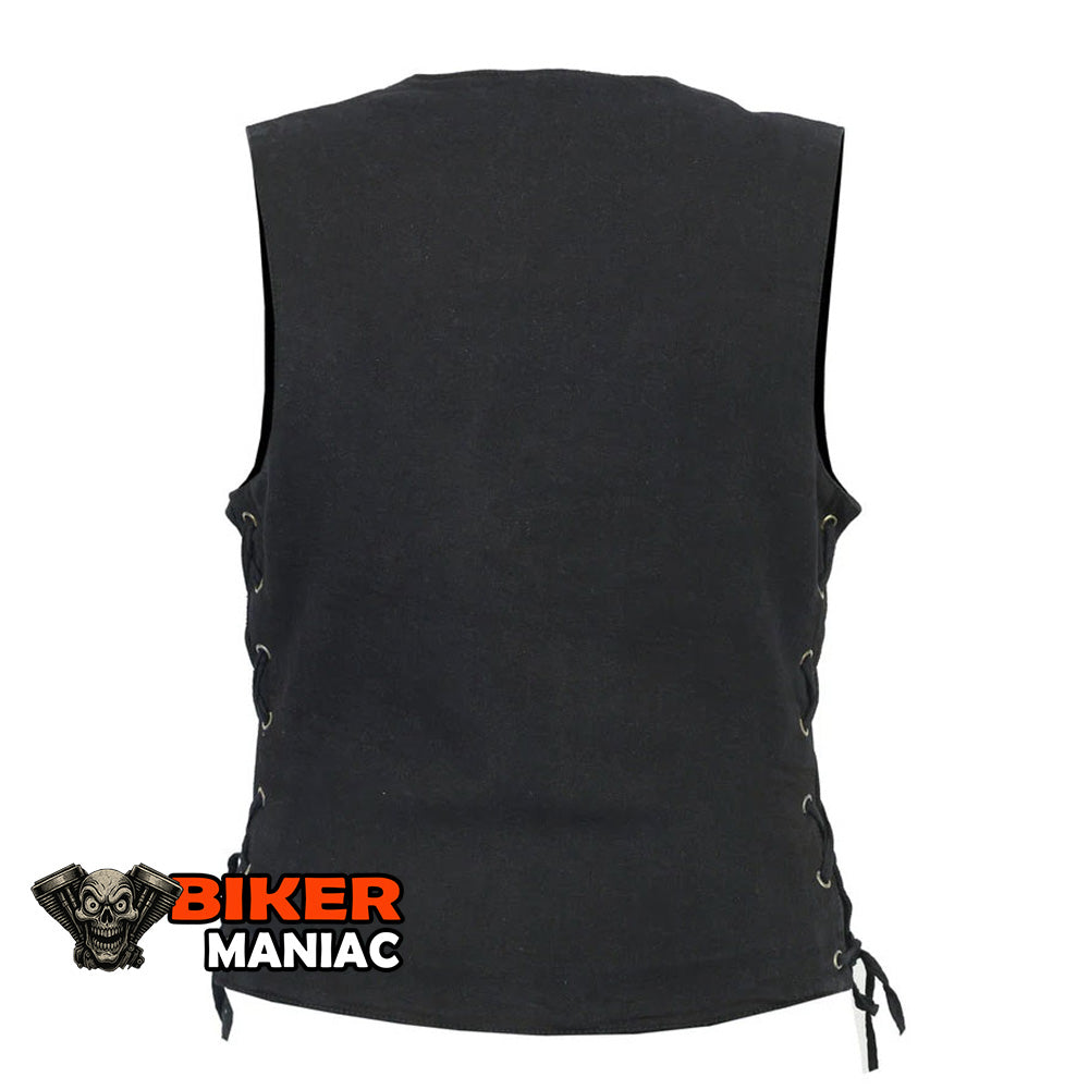 Nightshade - Ladies Black Denim Vest with Gun Pockets, Laces and Single Back Panel