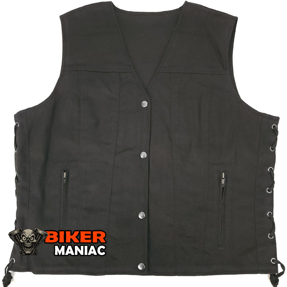 Nightshade - Ladies Black Denim Vest with Gun Pockets, Laces and Single Back Panel