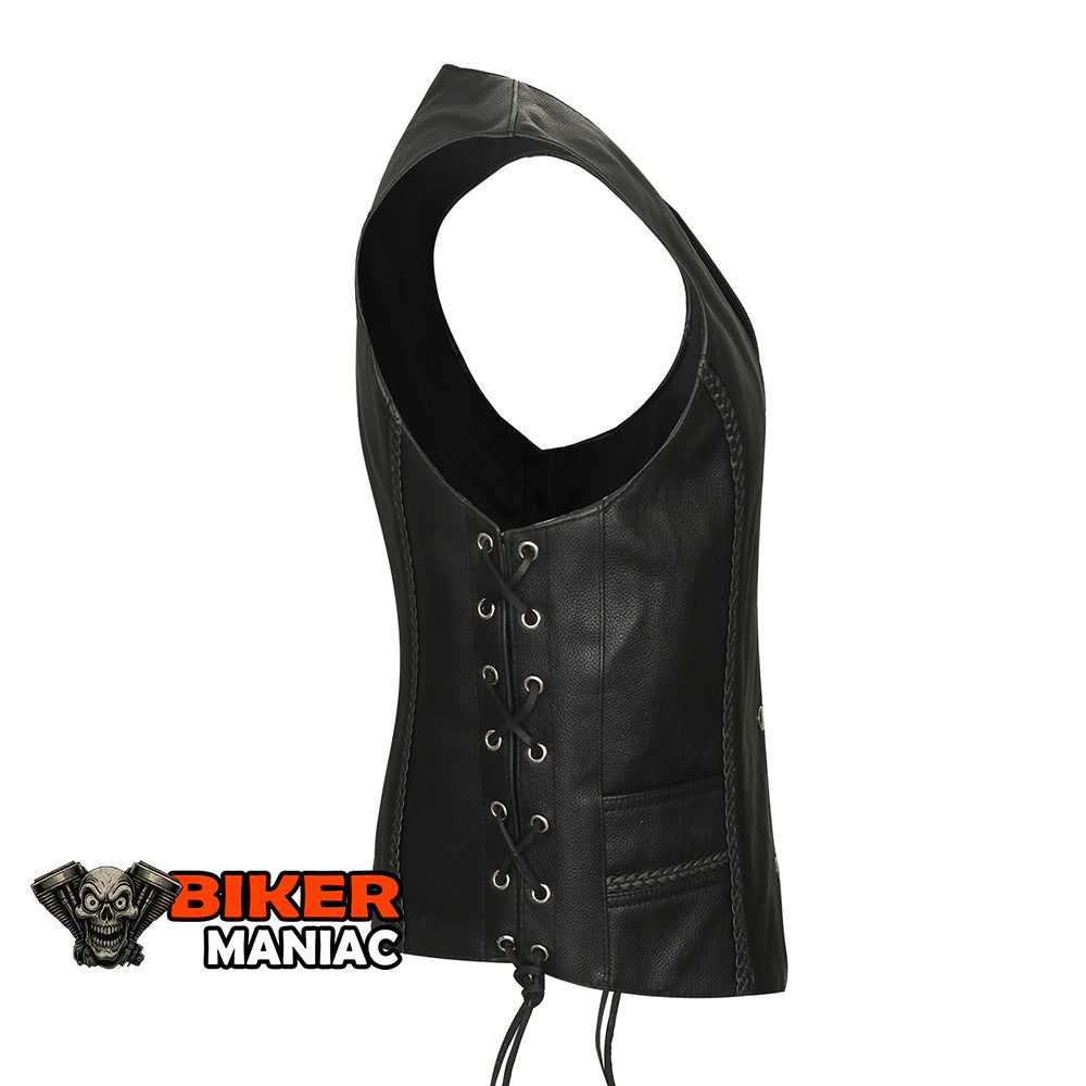 Twisted Lace - Ladies Leather Vest with Braid and Side Laces