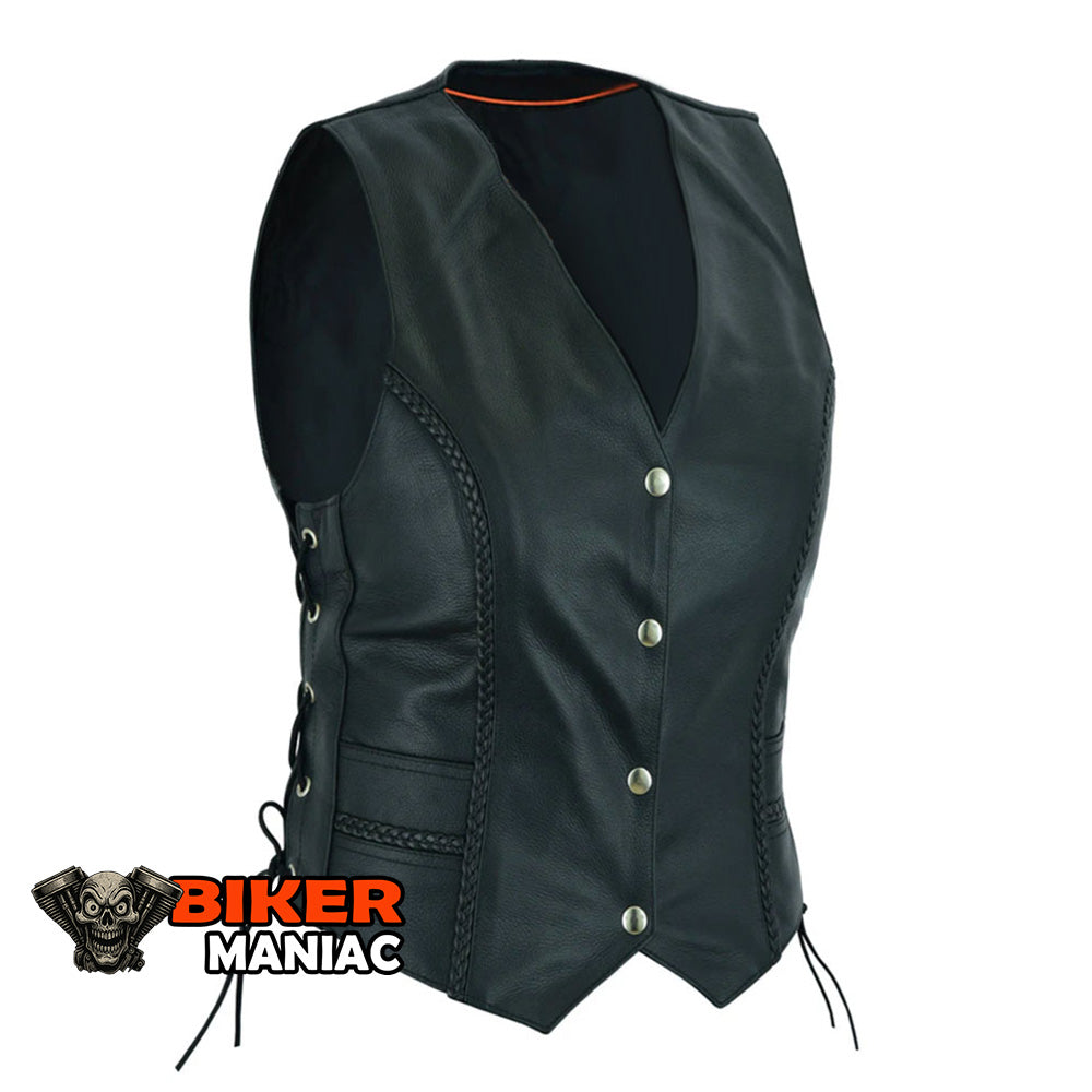 Twisted Lace - Ladies Leather Vest with Braid and Side Laces