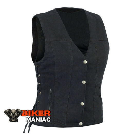 Nightshade - Ladies Black Denim Vest with Gun Pockets, Laces and Single Back Panel