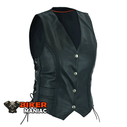 Twisted Lace - Ladies Leather Vest with Braid and Side Laces
